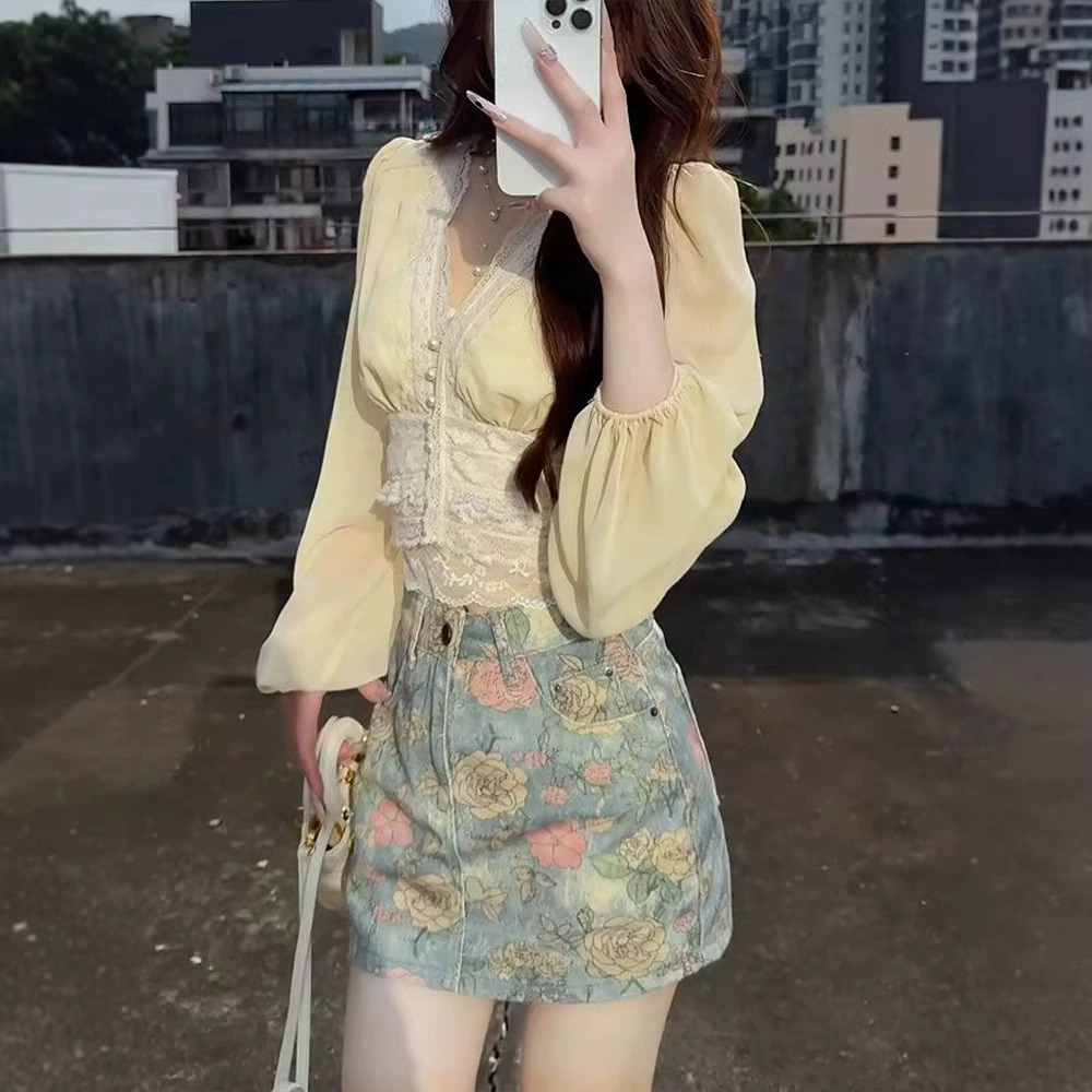 Zara High Waist Printed Denim Mini Skirt Summer